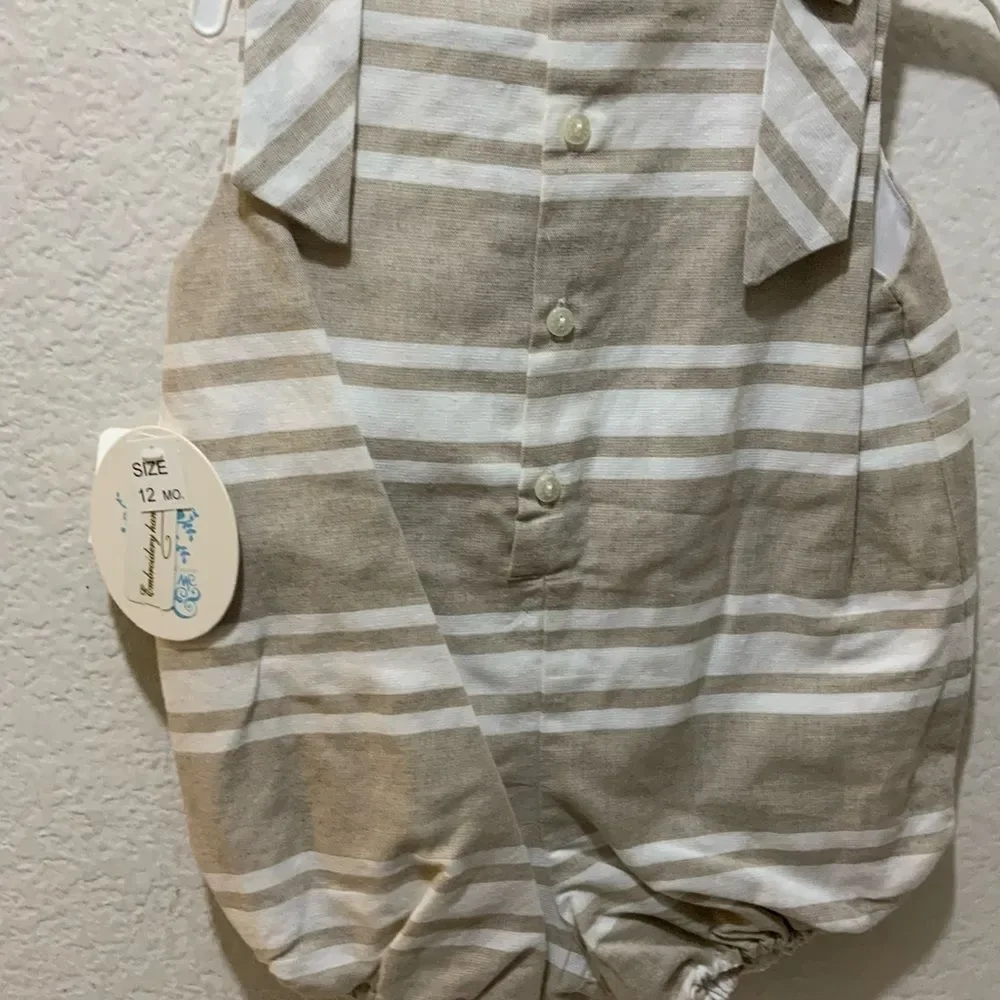 New Luli & Me Baby Girls Linen Stripe Bubble with Bow Shoulders Khaki and White
